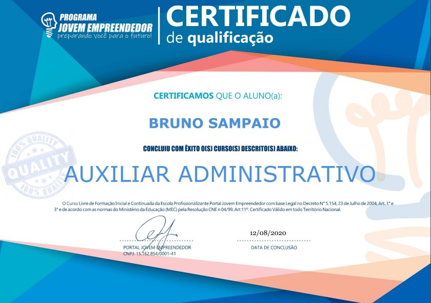 Certificado digital - Após o término do curso você terá direito de receber gratuitamente o Certificado de Conclusão Digital, válido e reconhecido em todo o território nacional.