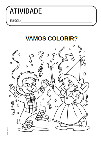 Desenho de carnaval para imprimir e colorir. Atividades prontas e fáceis para pintar sobre a festa de carnaval, com máscaras e desenhos de personagens no carnaval.