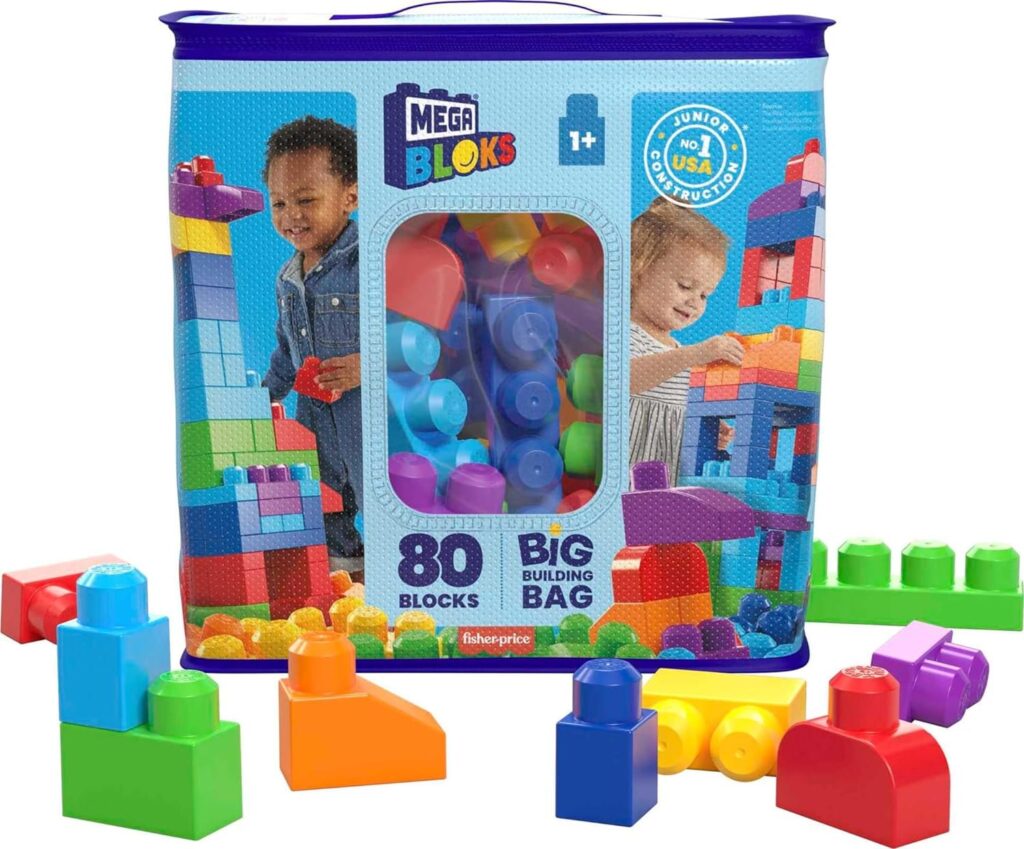 MEGA BLOKS, Kit com Sacola Azul e 80 Blocos de Montar, Brinquedo de Construção, Pré-escola